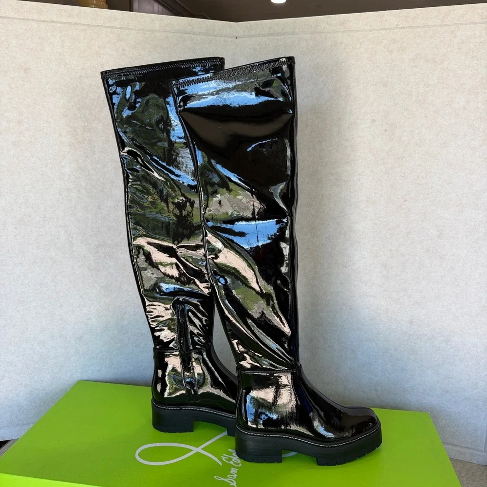 Sam Edelman Lydia Black Patent Over The Knee Lug Sole Boots I3399S1001 Size 6.5